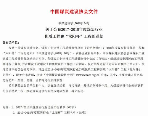 陕煤建设矿建二公司姚家埝回风立井井筒工程获煤炭行业优质工程和“太阳杯”工程