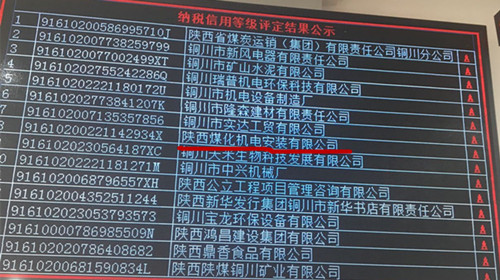 陕煤建设机电安装公司：荣获2018年纳税信用“A”级企业