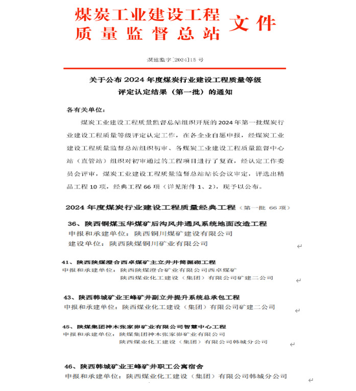 卓越“质”造！陕煤建设9项工程喜获煤炭行业建设工程质量经典工程
